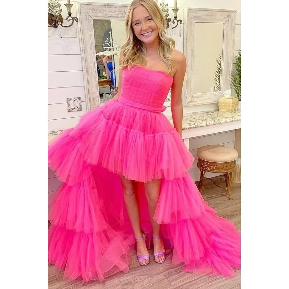 NEW Hot Pink Strapless‎ Hi-Low Tulle Tiered Corset Back Prom Dress Size 0